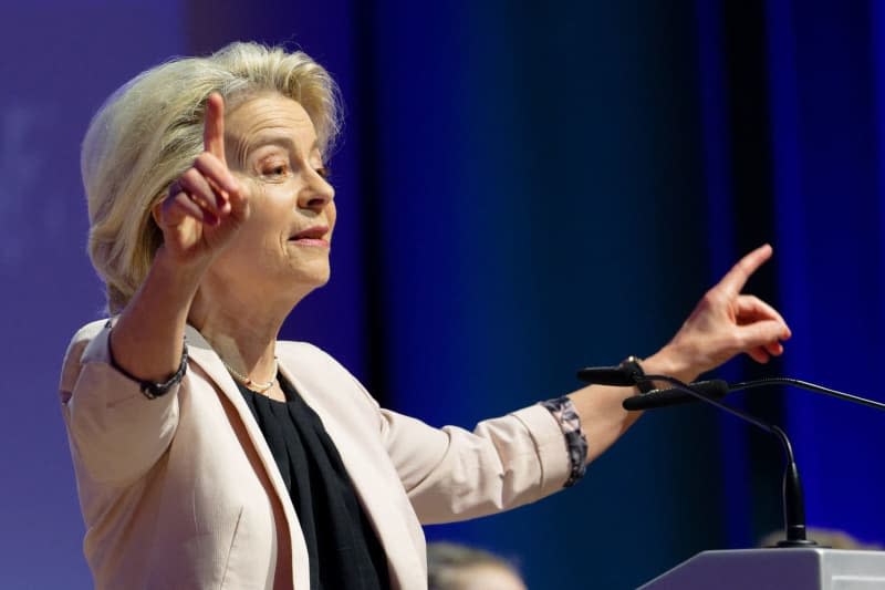 Ursula von der Leyen, lead candidate of the European People's Party (EPP) and President of the European Commission, speaks at the 60th North Rhine-Westphalia (NRW) Day of the Junge Union. Henning Kaiser/dpa