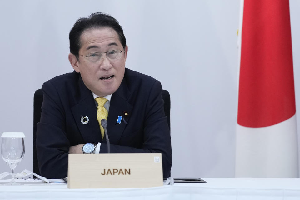 Japanese Prime Minister Fumio Kishida speaks during a G7 working session on food, health and development during the G7 Summit in Hiroshima, Japan, Saturday, May 20, 2023. (AP Photo/Susan Walsh, POOL)