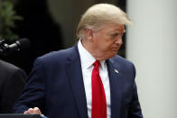 President Donald Trump leaves after speaking in the Rose Garden of the White House, Friday, May 29, 2020, in Washington. (AP Photo/Alex Brandon)