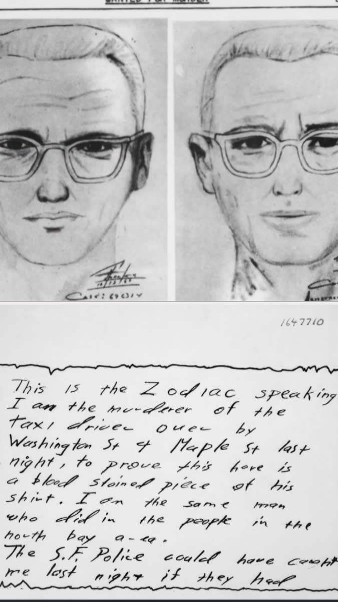 A police sketch of the Zodiac Killer is shown alongside one of the Zodiac's killer's notes