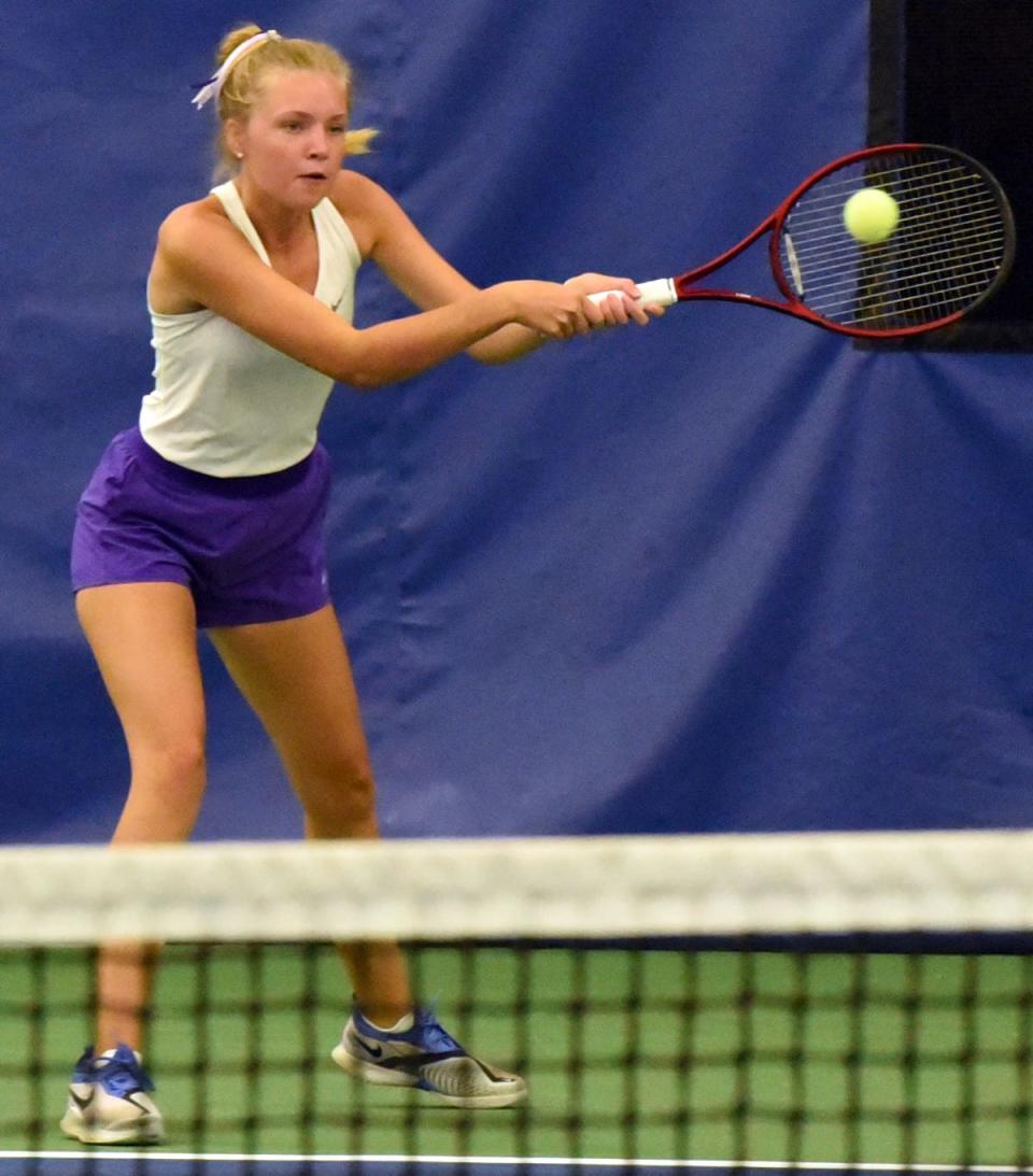 Watertown's Ellie Zink hits a shot during the flight one doubles fifth place match at the South Dakota state Class AA Girls Tennis Tournament on Friday, Oct. 6, 2023 at Sioux Falls.