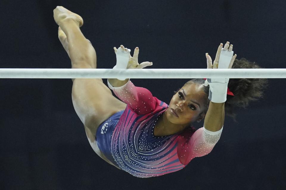 Shilese Jones of the U.S. competes on the uneven bars during the Women's All-Around Final at the Men's Team Final during the Artistic Gymnastics World Championships at M&S Bank Arena in Liverpool, England, Thursday, Nov. 3, 2022. (AP Photo/Jon Super)