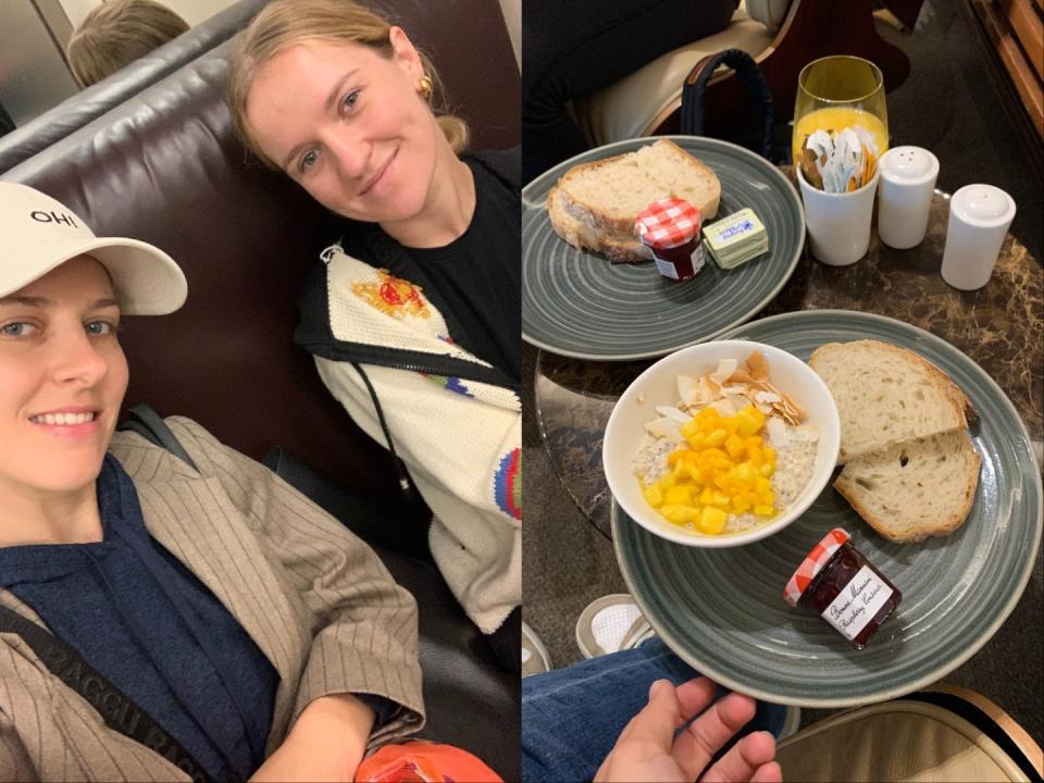 On the left, two women sitting in an airport lounge. On the right, a breakfast spread with toast, jelly, oatmeal, fruit, and orange juice.