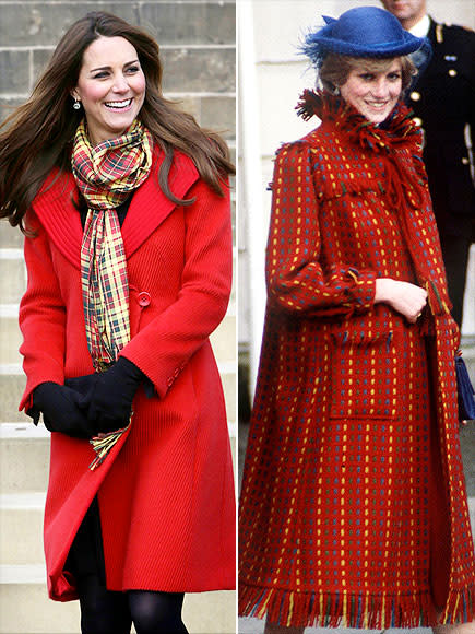 <p>Both women look happy to show some leg in their red coats, the Duchess in a knee-length number for <span>a Scotland trip</span>, Diana in a patterned piece – plus coordinating topper and shoes – while pregnant with William in 1981. <strong>Get Kate's Look!</strong> Laundry by Shelli Segal Double Breasted Fit & Flare Coat, $150; <span>nordstrom.com</span> Kendall and Kylie One-Button Coat, $275; <span>bloomindales.com</span></p>