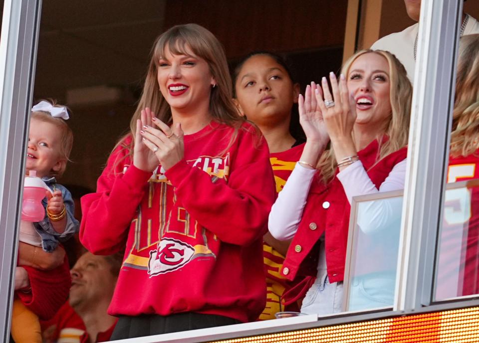 Oct 22, 2023; Kansas City, Missouri, USA; Recording artist Taylor Swift and Brittany Mahomes cheer during the second half between the Los Angeles Chargers and the Kansas City Chiefs at GEHA Field at Arrowhead Stadium. Mandatory Credit: Jay Biggerstaff-USA TODAY Sports