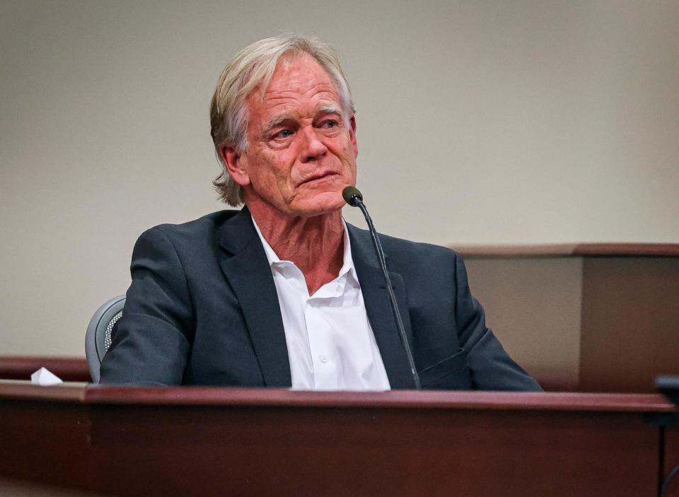 PHOTO: A teary-eyed David Halls, former first assistant director on 'Rust' testifies during Hannah Gutierrez-Reed's involuntary manslaughter trial in state district court in Santa Fe, N.M., Feb. 29, 2024.  (Gabriela Campos/AP)