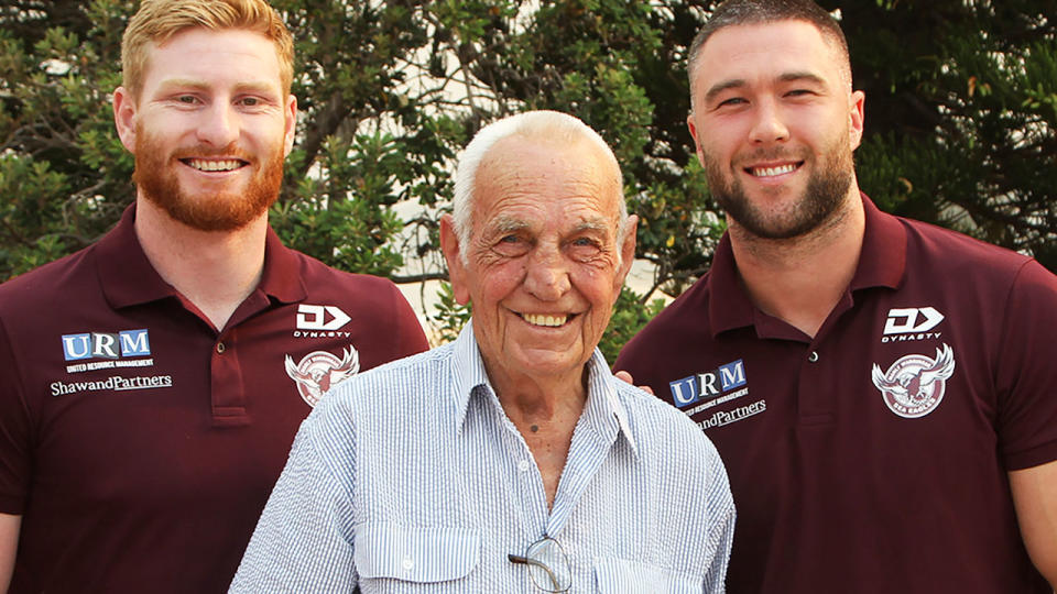 Fred Jones, pictured here with Manly players Brad Parker and Curtis Sironen.