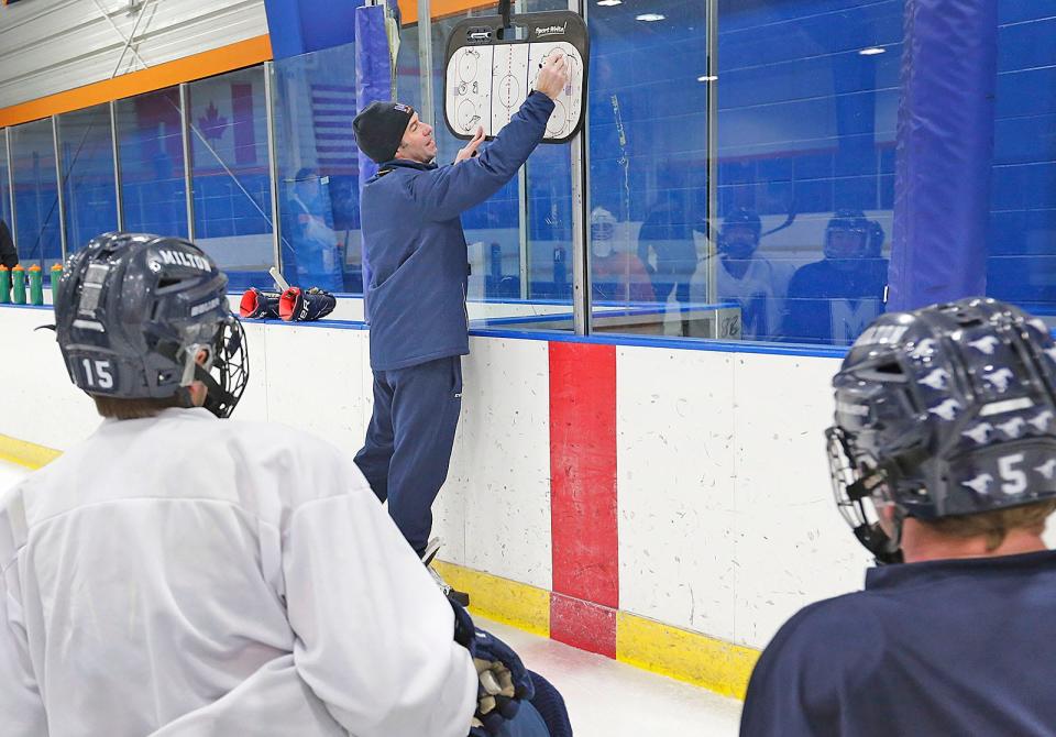 Milton Academy boys hockey coach Paul Cannata at practice on Tuesday February 7, 2023 