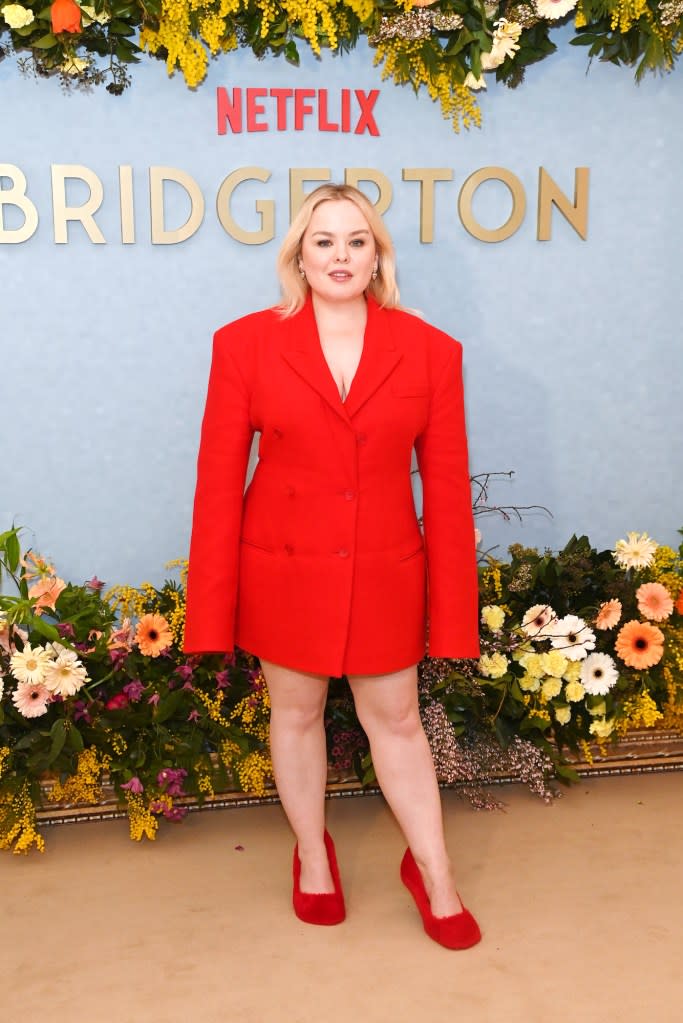 Nicola Coughlan Is Red Hot in Fiery Blazer Dress and Fluffy Heels at Bridgeton Event