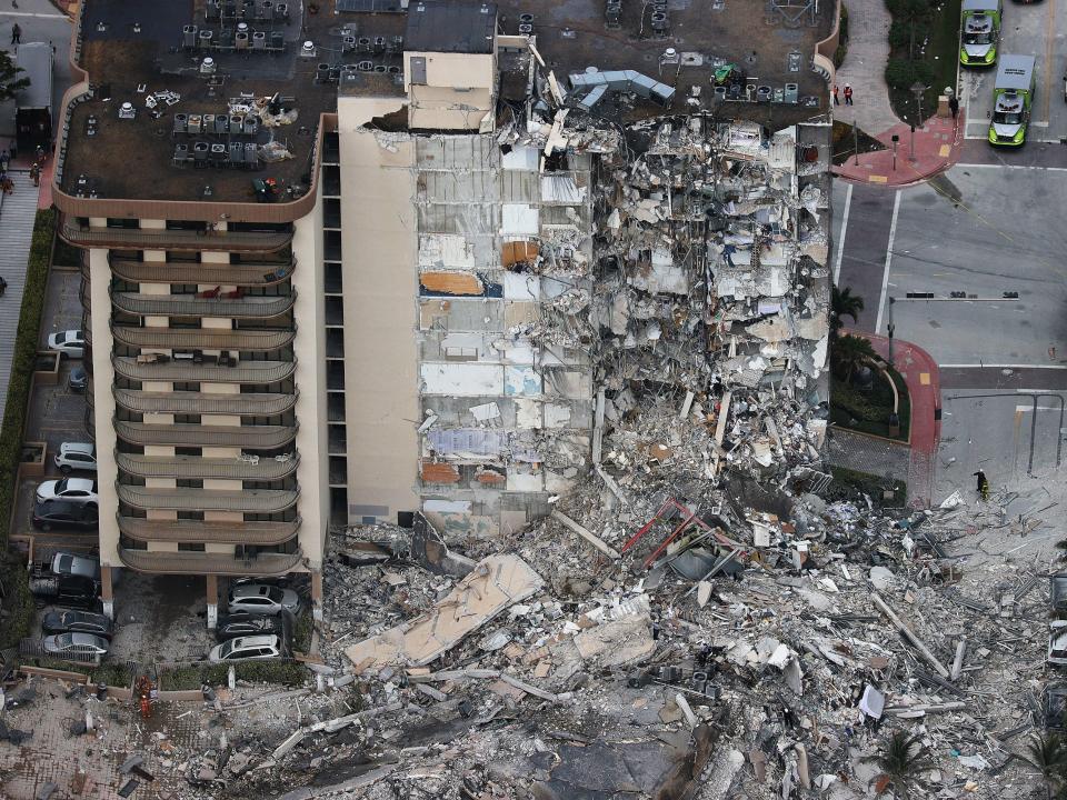 Aerial view of Building collapse in Surfside, Florida