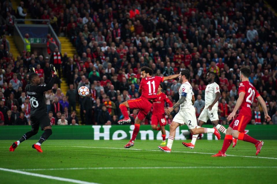 Mohamed Salah (centre) scores during Liverpool’s 3-2 Champions League victory over AC Milan in September (Peter Byrne/PA) (PA Wire)