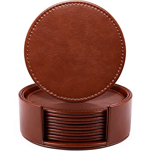 12) LAMOTI Leather Coasters for Drinks, 4" Drink Coasters Set of 6 with Holder for Tabletop Protection, Handmade Luxurious Home Décor and Housewarming Gift (Brown)