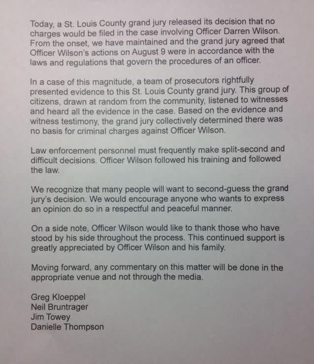 A photo of Darren Wilson's statement regarding the jury's decision. Photo: Twitter/@ChristineDByers