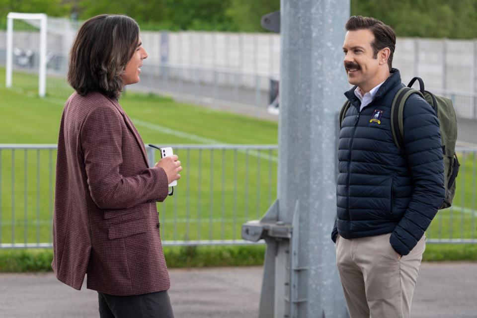 James Lance as Trent Crimm and Jason Sudeikis as Ted Lasso on season two, episode 12 of "Ted Lasso."