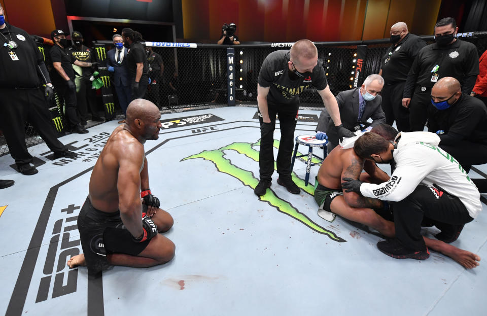 LAS VEGAS, NEVADA - FEBRUARY 13: Kamaru Usman of Nigeria reacts after his victory over Gilbert Burns of Brazil in their UFC welterweight championship fight during the UFC 258 event at UFC APEX on February 13, 2021 in Las Vegas, Nevada. (Photo by Jeff Bottari/Zuffa LLC)