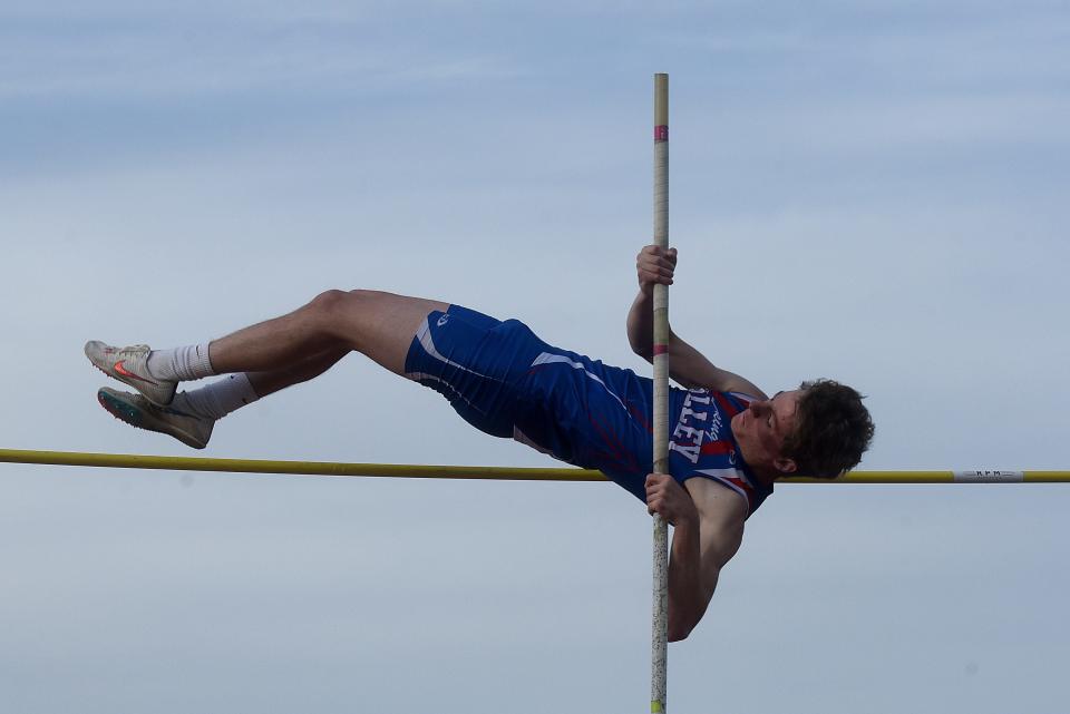 Licking Valley's Cooper Hornfeck pole vaults during the Licking Valley Invitational on Thursday, April 28, 2022. Panthers track and field hosted Newark, Heath, Lakewood, Licking Heights, and others in the annual event. Hornfeck placed third in the event.