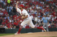 St. Louis Cardinals starting pitcher Adam Wainwright throws during the first inning of the team's baseball game against the Milwaukee Brewers on Wednesday Sept. 14, 2022, in St. Louis. (AP Photo/Joe Puetz)