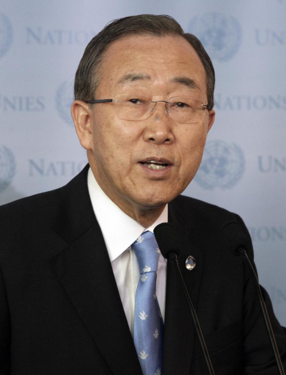 This Sept. 21, 2012, file photo shows United Nations Secretary General Ban Ki-moon attending a brief news conference at the United Nations. Ban Ki-moon says Iran has agreed to endorse the principles in the so-called "Geneva communique." (AP Photo/Richard Drew, File)