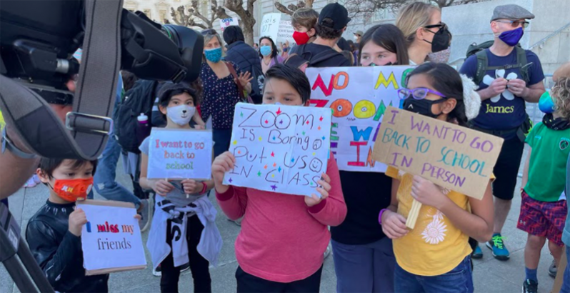 San Francisco children at a demonstration to reopen schools for full-time, in-person learning, March 13. (San Francisco Parent Coalition)