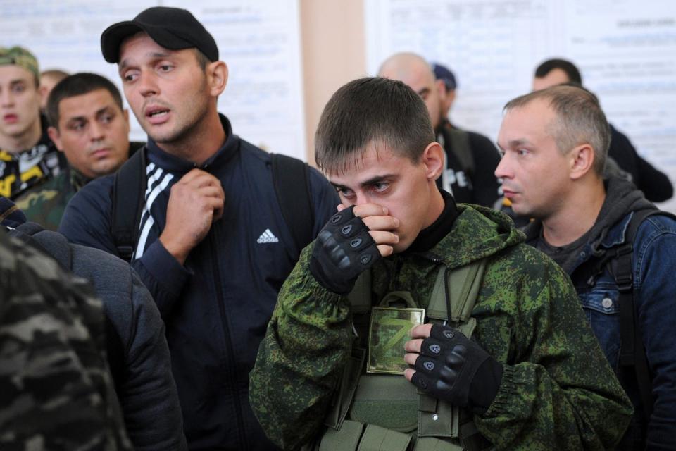 Russian recruits gather inside a military recruitment center of Bataysk, Rostov-on-Don region, south of Russia (Copyright 2022 The Associated Press. All rights reserved.)
