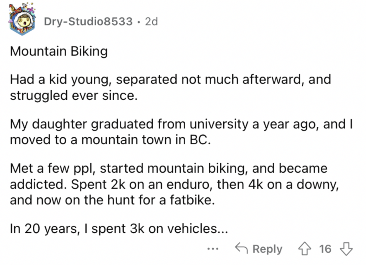 Reddit screenshot of someone talking about spending a lot of money on mountain biking gear.