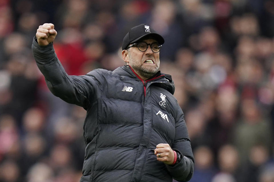 ARCHIVO - Foto del 7 de marzo del 2020, el técnico del Liverpool Jürgen Klopp celebra al final del encuentro ante el Bournemouth en la Liga Premier. (AP Foto/Jon Super, Archivo)