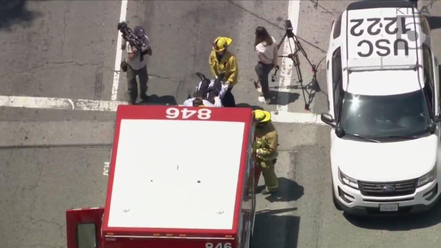 According to preliminary information released by the Los Angeles Fire Department, the crash occurred at 11:54 a.m. on Tuesday, April 29, on Exposition Boulevard between Normandie Avenue and Figueroa Street near the campus of USC. (KTLA)