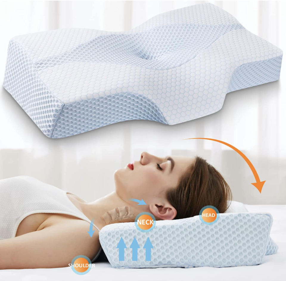 woman laying on back on Mkicesky Side Sleeper Contour Memory Foam Pillow (Photo via Amazon)