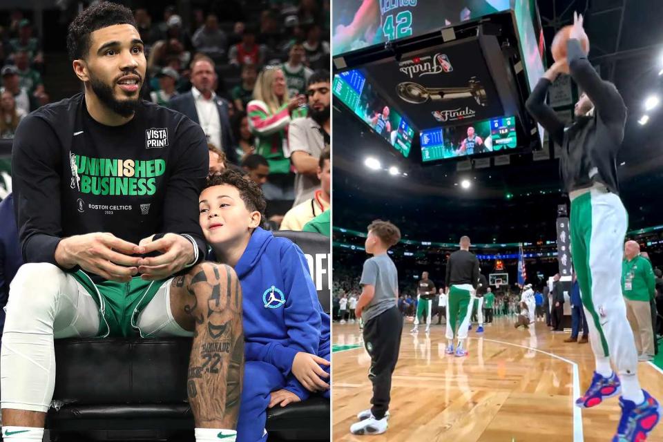 <p>Maddie Meyer/Getty; NBA/Instagram</p> Jayson Tatum and son Deuce