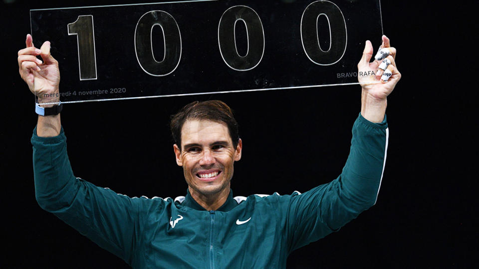 Rafael Nadal, pictured here with a trophy celebrating his 1000th career victory.