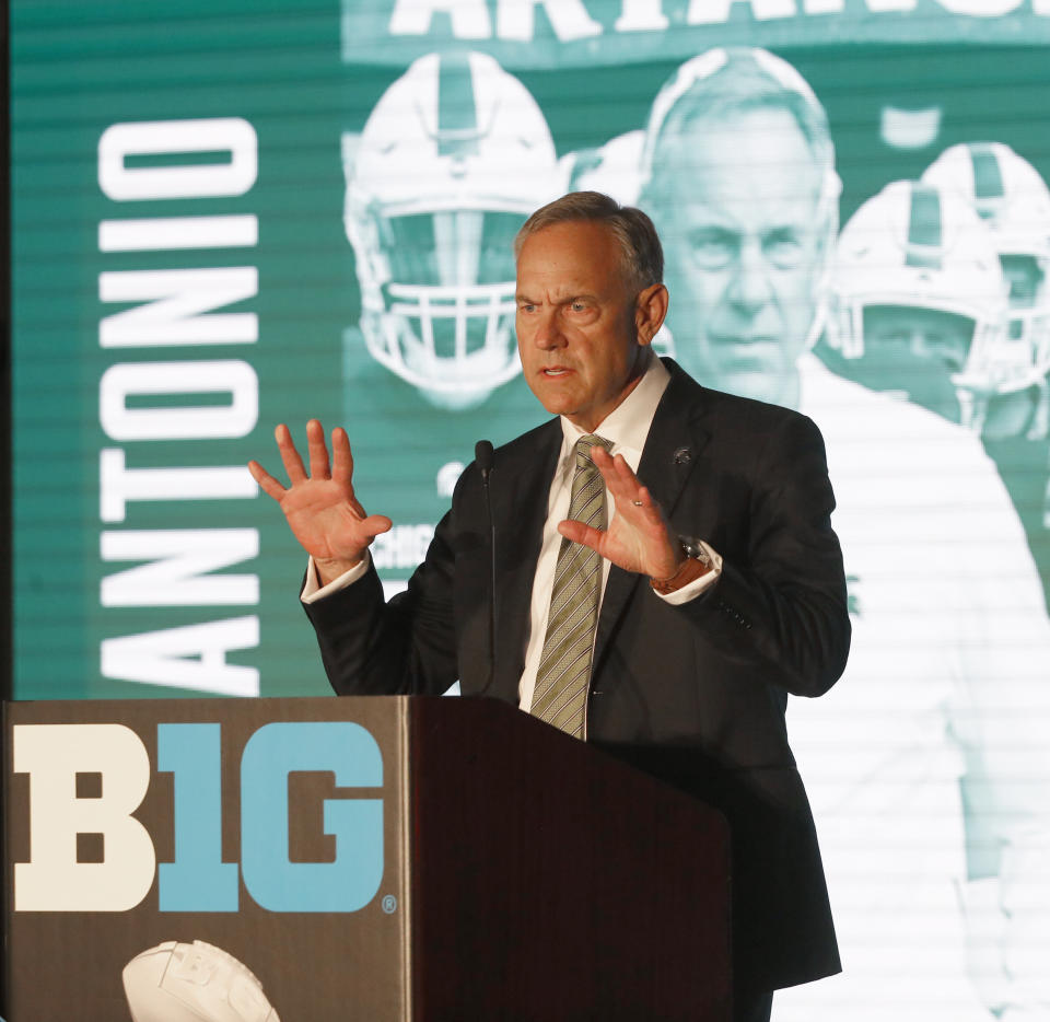 Michigan State head coach Mark Dantonio responds to a question during the Big Ten Conference NCAA college football media days Thursday, July 18, 2019, in Chicago. (AP Photo/Charles Rex Arbogast)