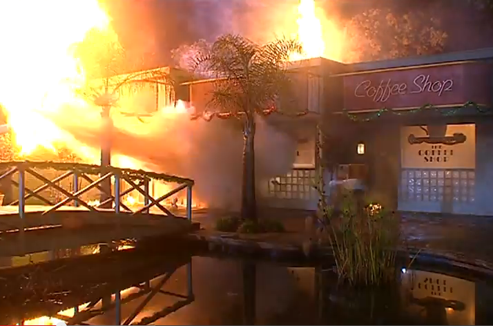 Lassiters bar and coffee shop going up in flames in Neighbours. Photo: Network 10