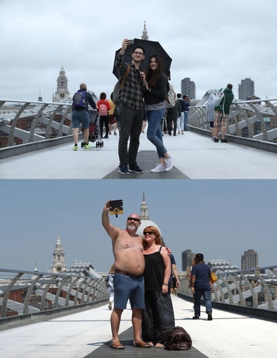 The scene on London’s Millennium Bridge was rather different on Sunday, top, than on Friday, below (Picture: PA)