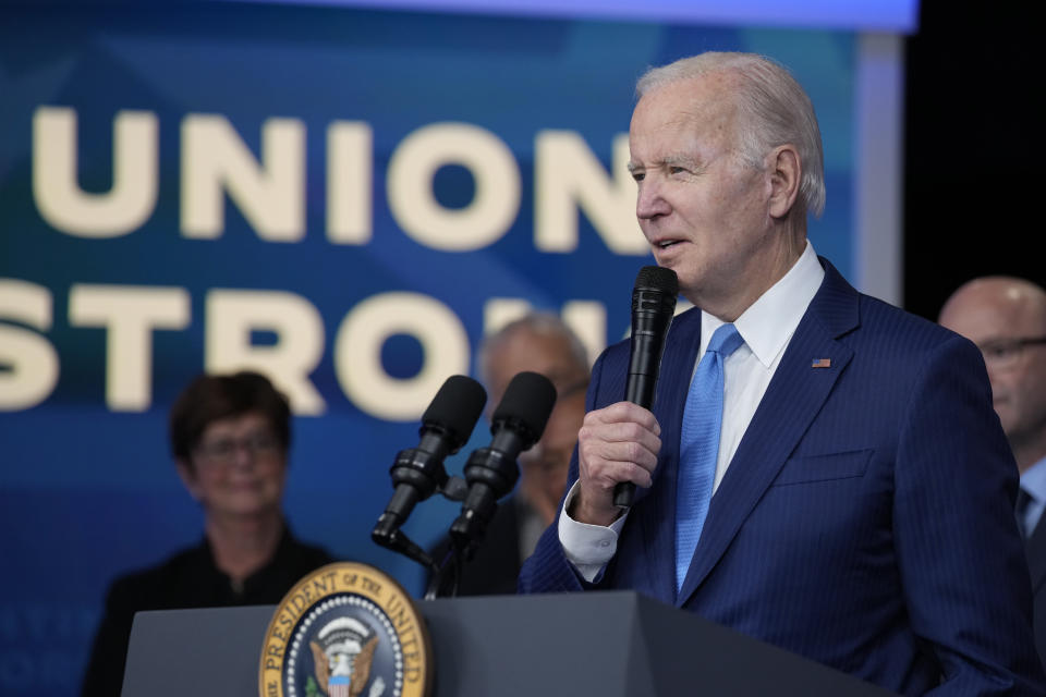 President Joe Biden speaks in the South Court Auditorium on the White House complex in Washington, Thursday, Dec. 8, 2022, about the infusion of nearly $36 billion to shore up a financially troubled union pension plan, preventing severe cuts to the retirement incomes of more than 350,000 Teamster workers and retirees across the United States. (AP Photo/Susan Walsh)