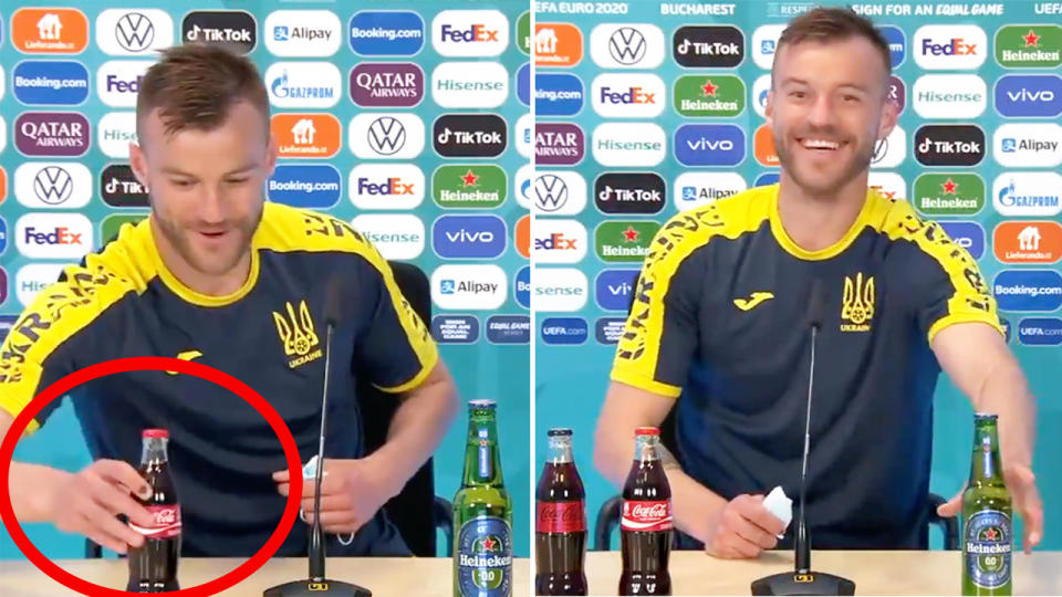 Andriy Yarlomenko (pictured left) moving a Coca-Cola bottle into shot and (pictured right) making a joke during the press conference.