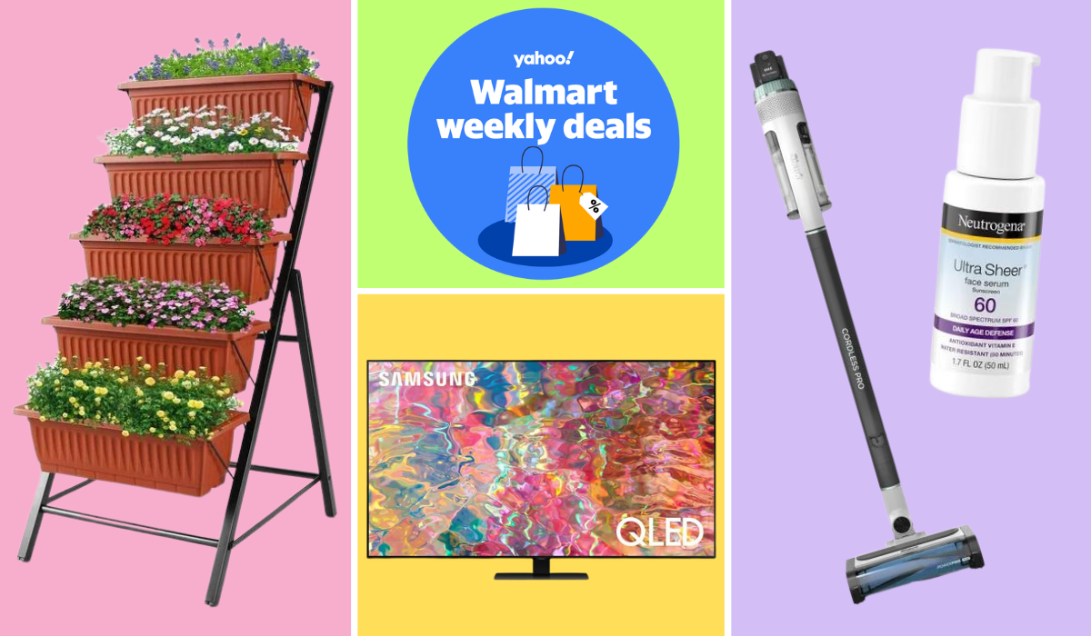 5-tier vertical garden, Samsung QLED TV, cordless Shark stick vacuum, and bottle of Neutrogena SPF 60 serum alongside badge that reads Yahoo! Walmart Weekly Deals