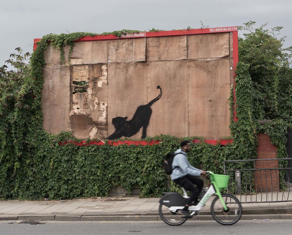 The new Banksy artwork in Cricklewood, north-west London, was taken down hours after it was unveiled. (PA)                                                                  