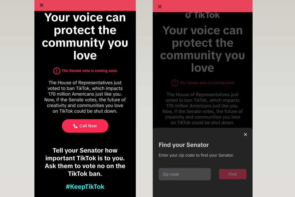 TikTok está publicando nuevos mensajes en la aplicación instando a los usuarios a llamar a los legisladores.