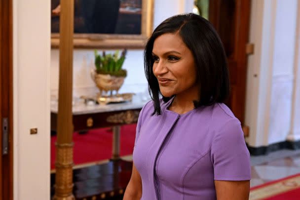 PHOTO: Mindy Kaling arrives for the Arts and Humanities Award Ceremony in the the East Room of the White House in Washington, DC, March 21, 2023. (Saul Loeb/AFP via Getty Images)