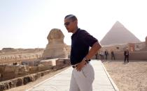 <p>Obama paid Egypt a one-day visit back in Summer 2009, but took some time to take in the incredible sights in Giza. According to <a rel="nofollow noopener" href="http://www.cbsnews.com/news/obama-checks-out-sphinx-and-pyramids/" target="_blank" data-ylk="slk:CBS News;elm:context_link;itc:0;sec:content-canvas" class="link ">CBS News</a>, he described the monument as "awe-inspiring."</p>