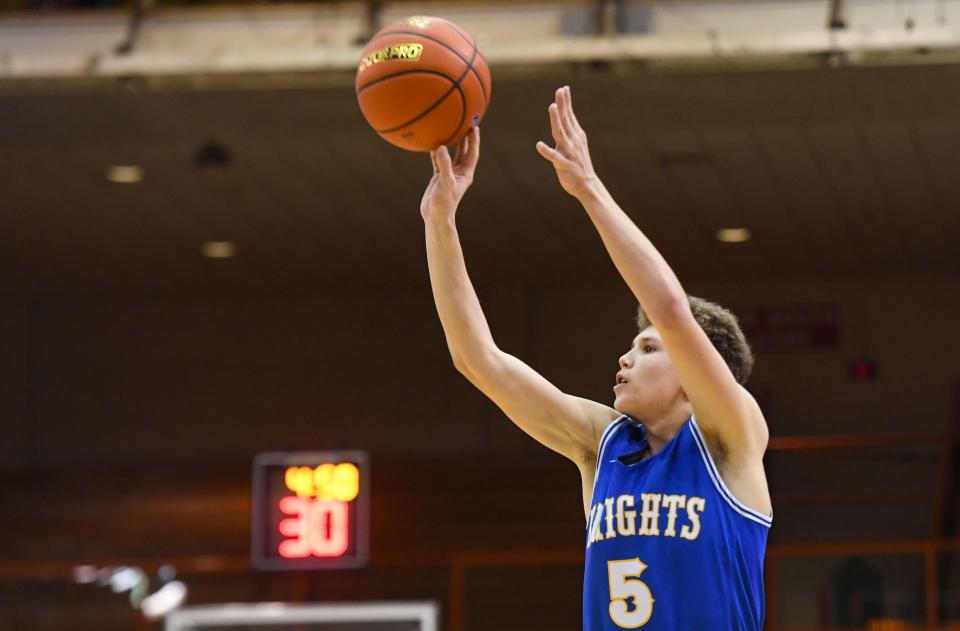 O'Gorman's Matt Eng shoots a three-pointer during the semifinals of the class AA state boys basketball tournament on Friday, March 19, 2021 at the Rushmore Plaza Civic Center in Rapid City.