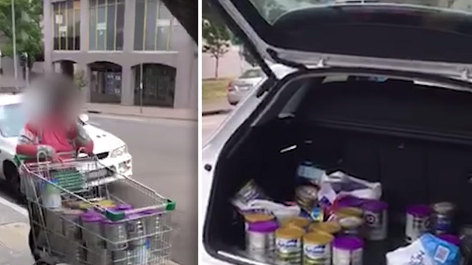 The couple can be seen unloading dozens of tins form their car. Images: 2GB