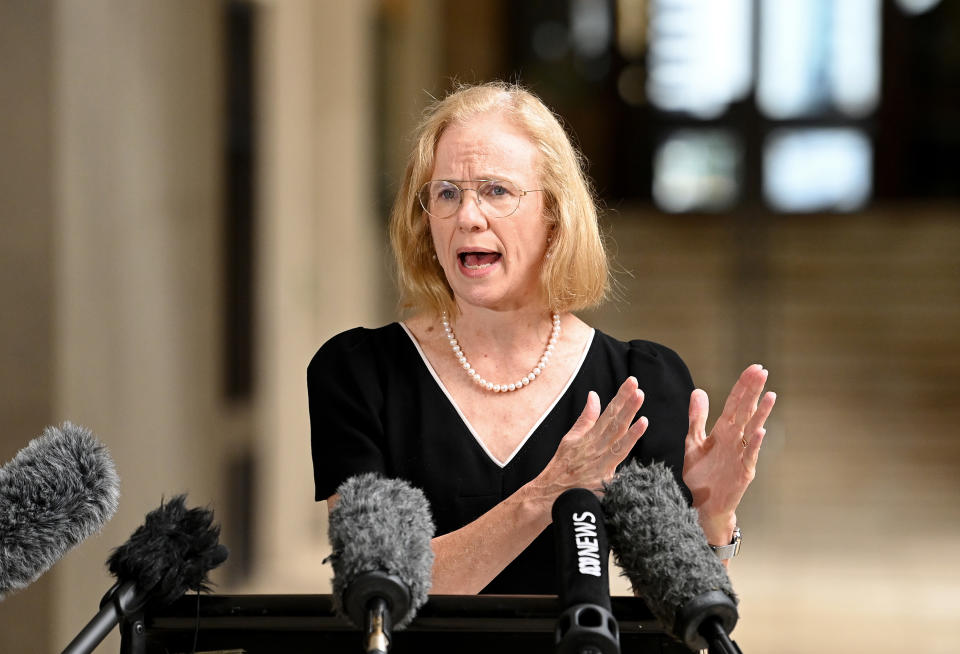 Chief Health Officer of Queensland Doctor Jeannette Young speaks at Parliament House in Brisbane.