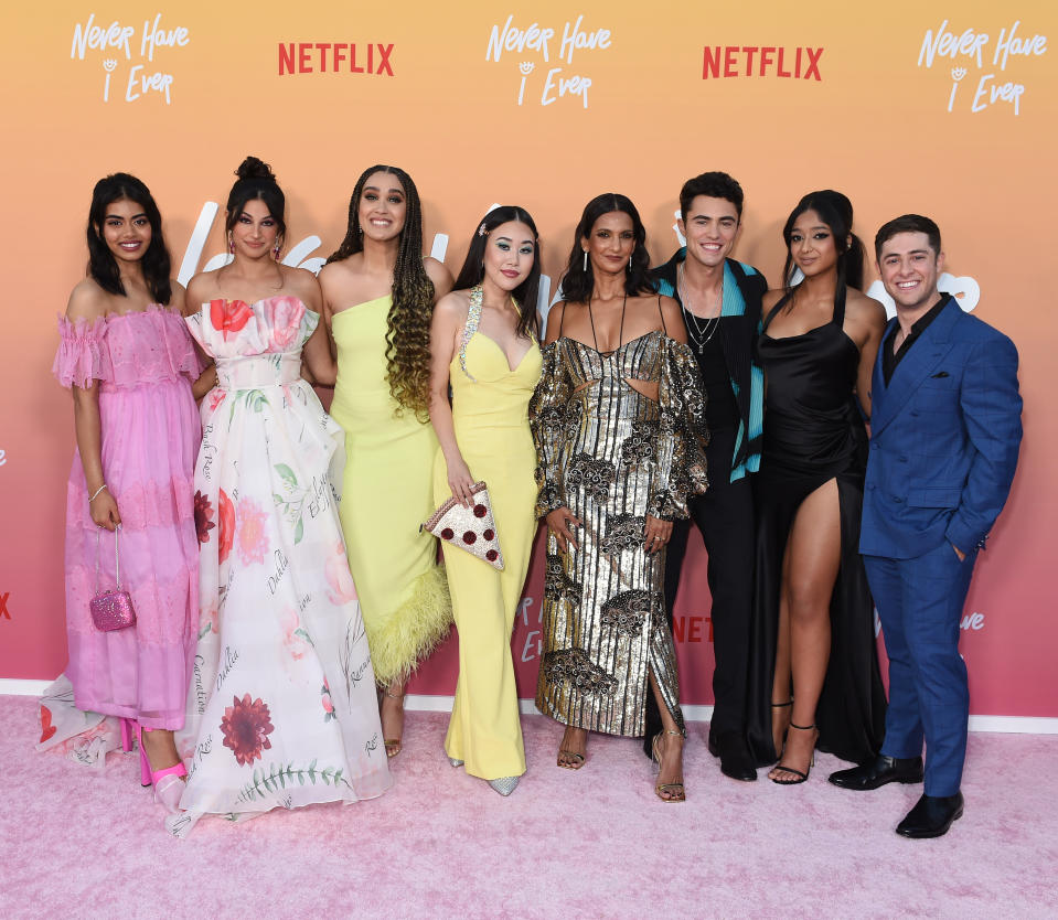 Megan Suri, Richa Moorjani, Lee Rodriguez, Ramona Young, Poorna Jagannathan, Darren Barnet, Maitreyi Ramakrishnan and Jaren Lewison attend the Los Angeles premiere of “Never Have I Ever” Season 3 at the Regency Village Theatre on Aug. 11. - Credit: Gilbert Flores for Variety