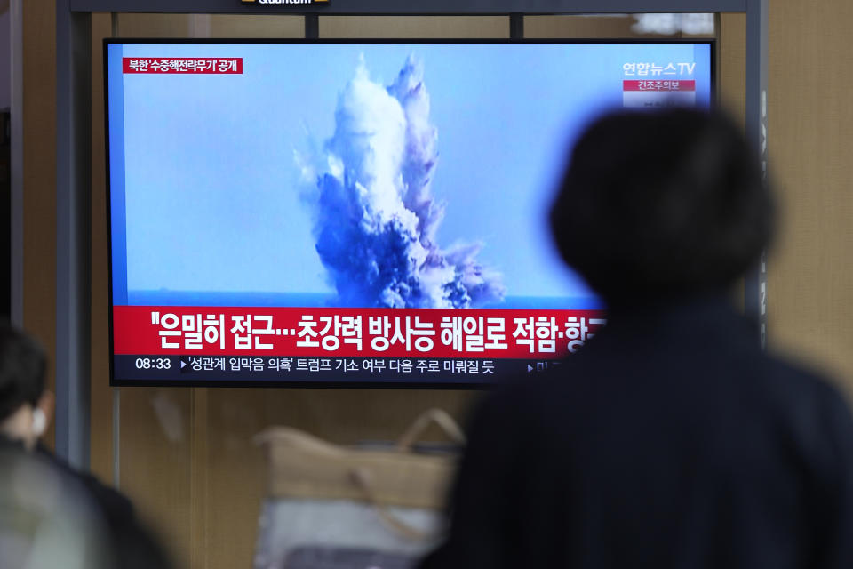 A TV screen shows a recent image released by Pyongyang’s official Korean Central News Agency during a news program at the Seoul Railway Station in Seoul, South Korea, Friday, March 24, 2023. North Korea said Friday its cruise missile launches this week were part of nuclear attack simulations that also involved a detonation by a purported underwater drone as leader Kim Jong Un vowed to make his rivals "plunge into despair." (AP Photo/Lee Jin-man)