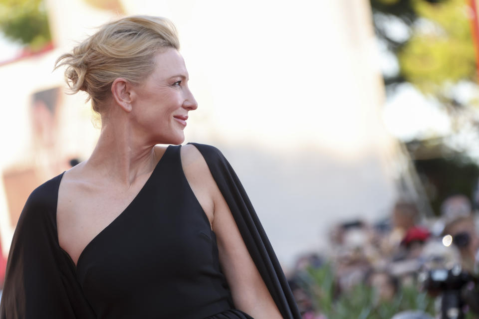 Cate Blanchett poses for photographers upon arrival at the premiere of the film 'The Hanging Sun' during the 79th edition of the Venice Film Festival in Venice, Italy, Saturday, Sept. 10, 2022. (Photo by Joel C Ryan/Invision/AP)