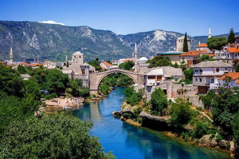 View of Old Town of Mostar and Old Bridge Over the Neretva River, Bosnia and Herzegovina