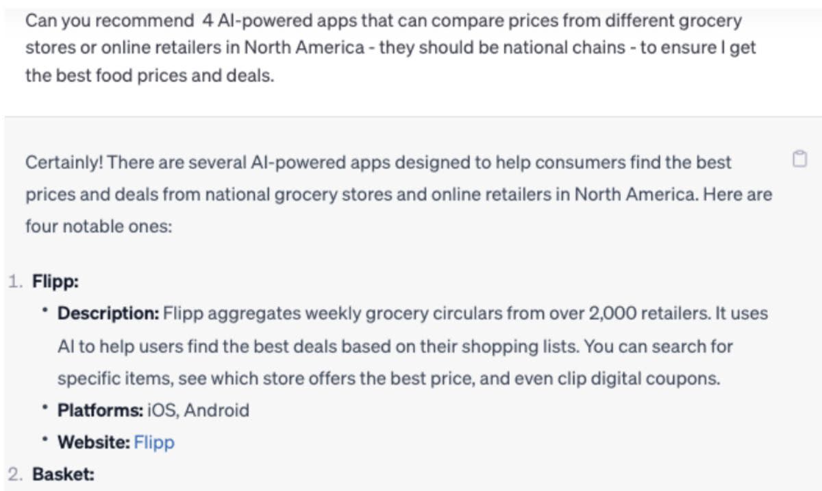 Screenshot of question asked to ChatGPT, 'Recommendation of 4 AI-powered apps to compare prices from different grocery stores in North America'