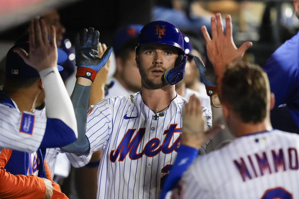 New York Mets' Pete Alonso celebrates with teammates after hitting a two-run home run against the Arizona Diamondbacks during the fifth inning of a baseball game Tuesday, Sept. 12, 2023, in New York. (AP Photo/Frank Franklin II)