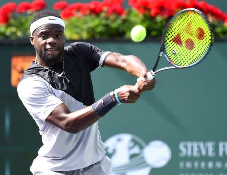 Mar 9, 2018; Indian Wells, CA, USA; Frances Tiafoe (USA) during his first round match against Ernesto Escobedo (not pictured) in the BNP Open at the Indian Wells Tennis Garden. Jayne Kamin-Oncea-USA TODAY Sports